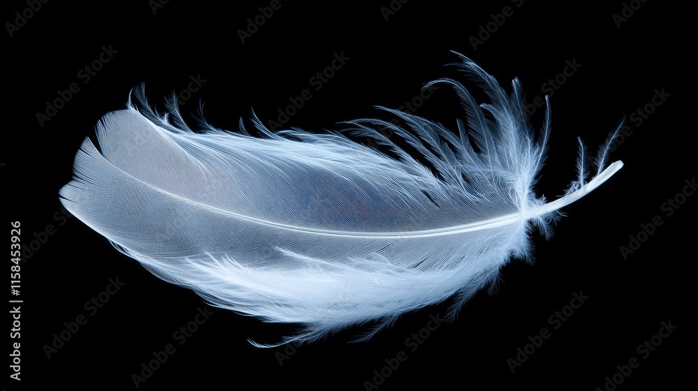 Obraz premium A delicate white feather floating gracefully with subtle motion blur, captured on a transparent background for an ethereal and peaceful effect