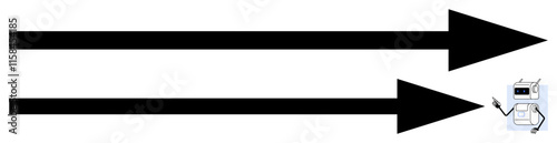 Black arrows pointing right with a robot at the arrowhead suggesting guidance and direction. Ideal for themes of progress, technology, leadership, focus, navigation, future, innovation. Line metaphor