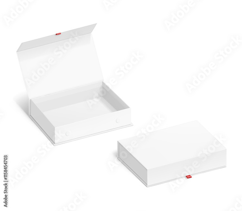 White magnetic gift box with tab mockup. Vector illustration isolated on white background. Taking your 2D designs into 3D. Can be use for gift box, luxury, cosmetics, and other goods. EPS10.