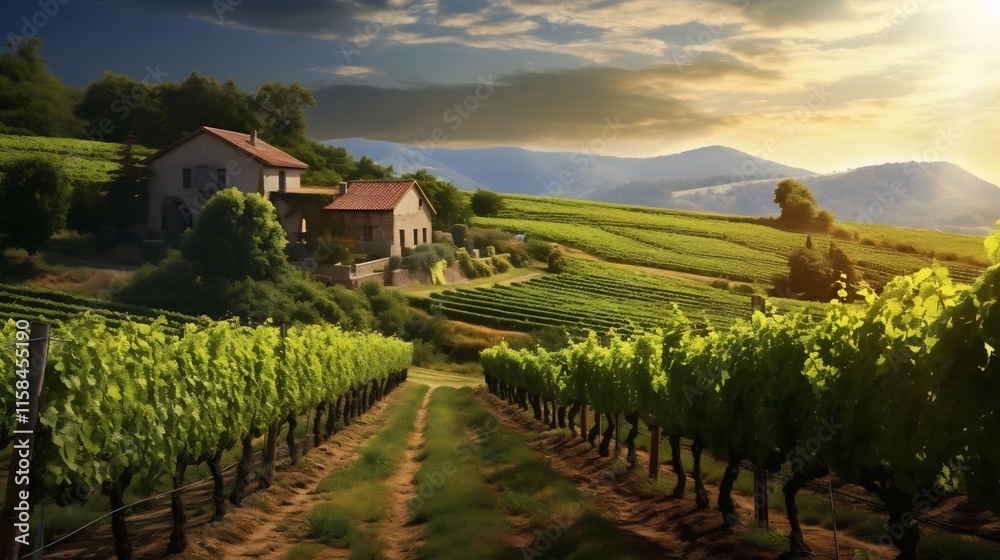 Fototapeta premium Stunning landscape of a lush vineyard with rows of grapevines and a small rustic cottage nestled in the rolling hills of the countryside A serene and picturesque pastoral scene