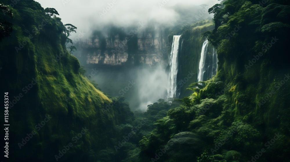 Breathtaking view of a powerful waterfall cascading down a rugged cliff face covered in lush verdant jungle foliage and surrounded by swirling mist in a remote untamed natural landscape Breathtaking view of a powerful waterfall cascading down a rugged cliff face covered in lush verdant jungle foliage and surrounded by swirling mist in a remote untamed natural landscape
