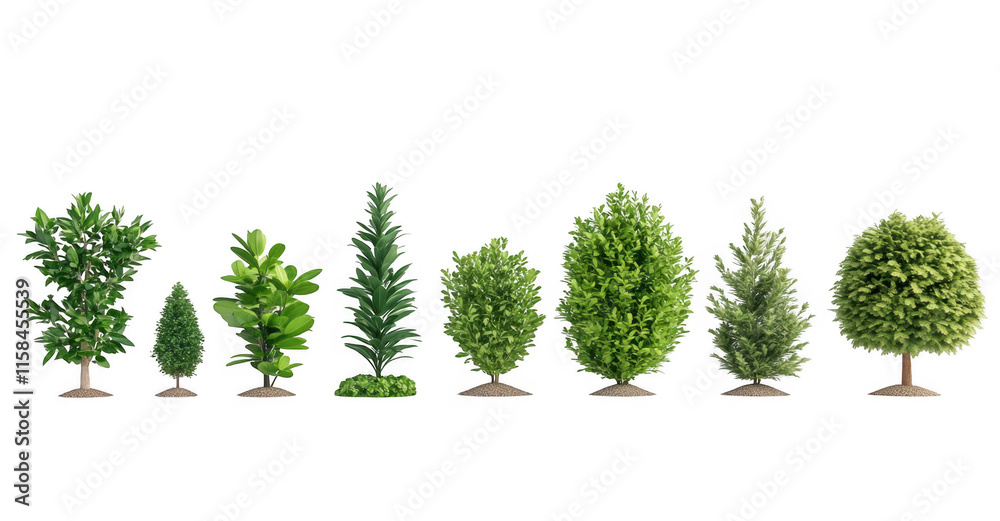 variety of green trees and shrubs are displayed in row, showcasing different shapes and sizes. Each plant is distinct, highlighting diversity in foliage and form variety of green trees and shrubs are displayed in row, showcasing different shapes and sizes. Each plant is distinct, highlighting diversity in foliage and form
