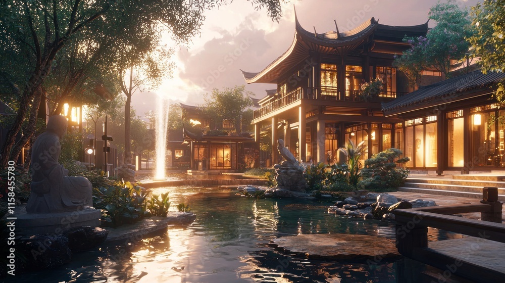 Obraz premium Tranquil garden scene featuring traditional architecture and a serene water feature.