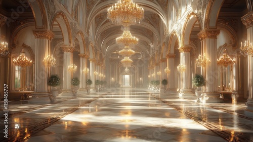 Grand opulent hall with chandeliers, pillars, marble floor.