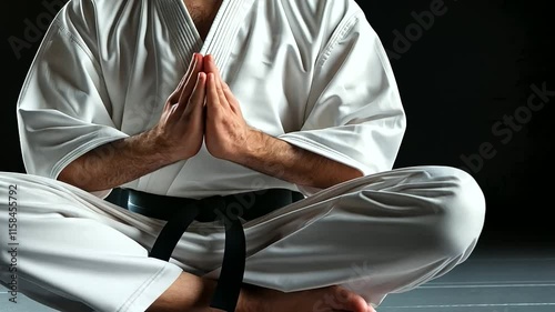 Aikido Martial Artist in Seiza Position on Black Background photo