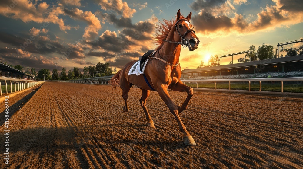 Obraz premium Thrilling horse race at sunset horse racing track action photography outdoor dynamic