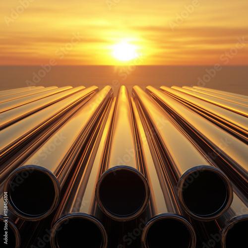 Sunset over metallic pipes industrial site photography outdoor wide angle serenity in industry photo