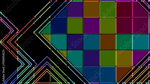 Vibrant geometric patterns dance in sync with electronic beats at night