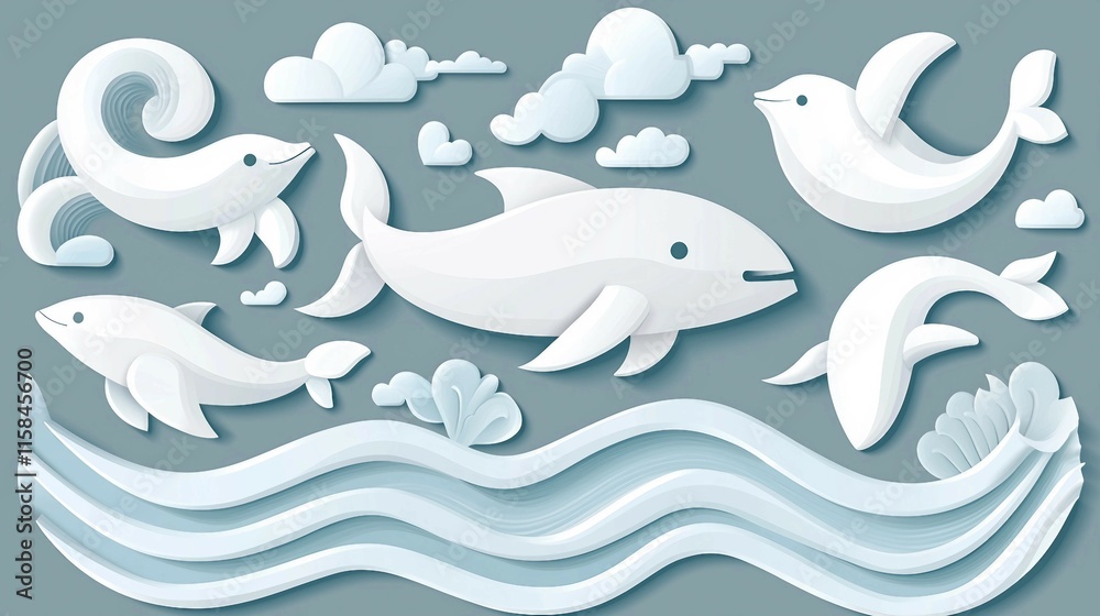 Playful Marine Life in Paper Cut Style with Whales and Dolphins