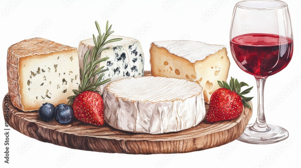 Artistic cheese platter watercolor on wooden plate still life