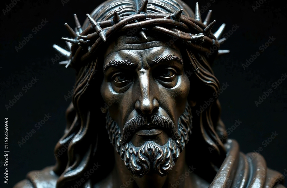 On a dark background is depicted the face of Jesus with a crown of thorns, made of metal. Emphasis on minimalism and modern artistic execution. On a dark background is depicted the face of Jesus with a crown of thorns, made of metal. Emphasis on minimalism and modern artistic execution.
