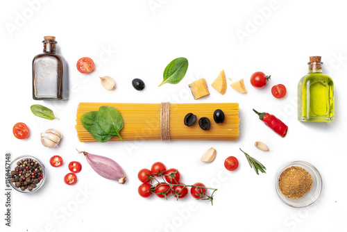 Ingredients for cooking Italian spaghetti pasta isolated on white background