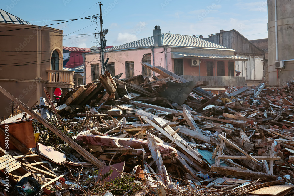 A large pile of old boards and walls on the site of a demolished old building in the historic part of the city.