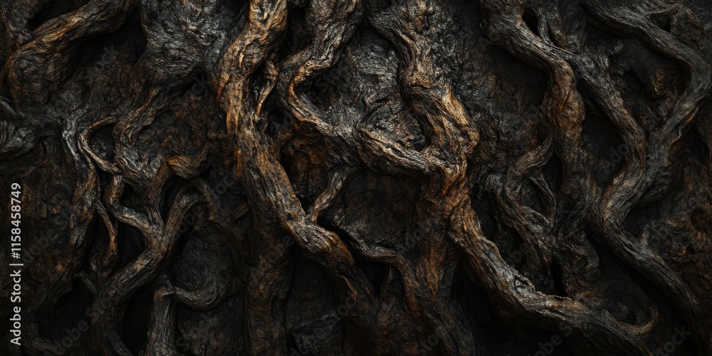 Close up of dark brown tree roots and trunk, showcasing the intricate texture of dark brown tree roots entwined and highlighting the natural beauty of the dark brown tree structure. Close up of dark brown tree roots and trunk, showcasing the intricate texture of dark brown tree roots entwined and highlighting the natural beauty of the dark brown tree structure.
