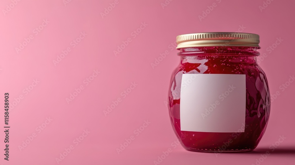 A modern and stylish raspberry jam jar with a blank label, captured in a close-up on a vibrant pink background, perfect for custom design showcases A modern and stylish raspberry jam jar with a blank label, captured in a close-up on a vibrant pink background, perfect for custom design showcases