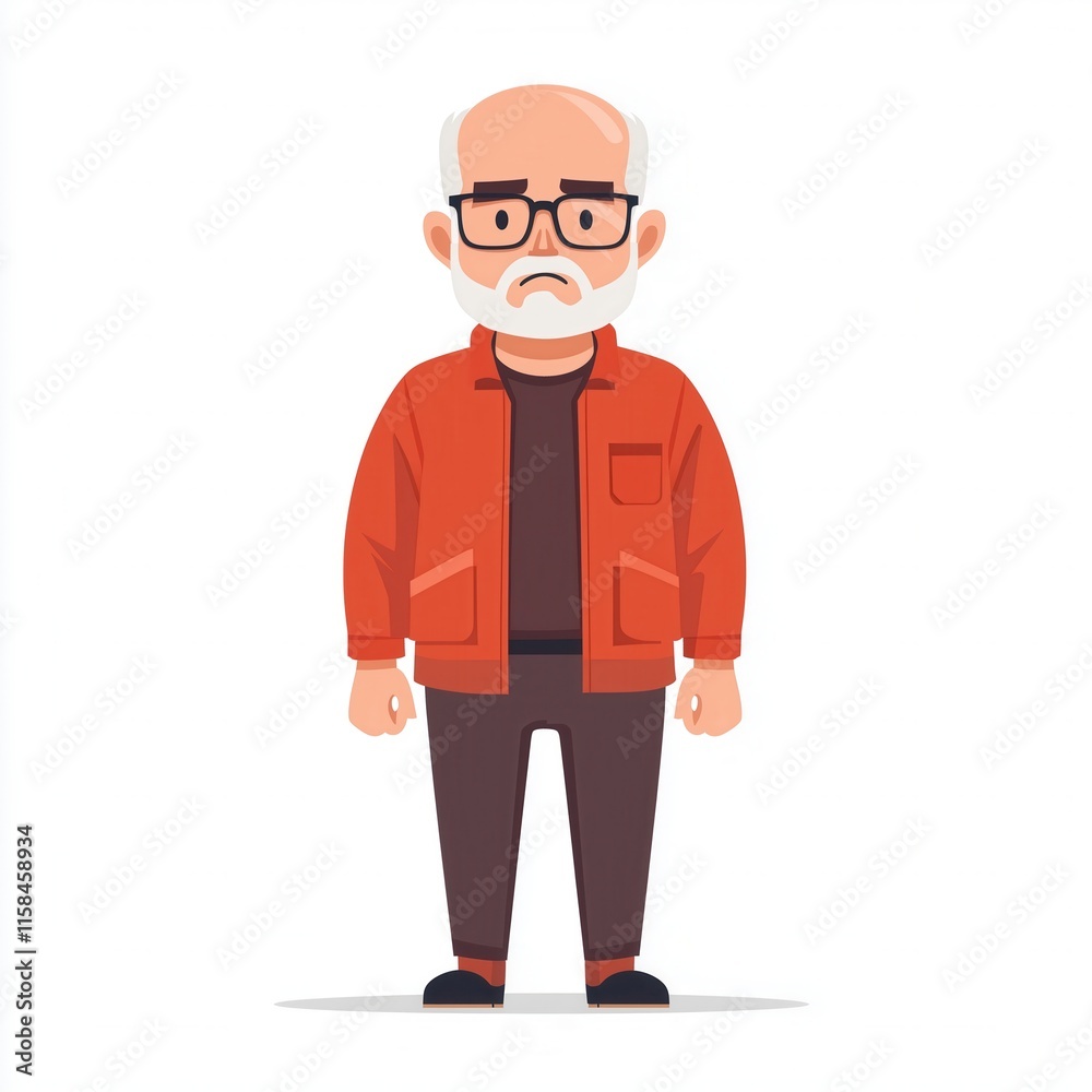Old man, flat design illustration, simple shapes and lines, vector graphic, white background, full-body, standing pose, angry face with a closed mouth and raised eyebrow, wearing glasses, a red jacket Old man, flat design illustration, simple shapes and lines, vector graphic, white background, full-body, standing pose, angry face with a closed mouth and raised eyebrow, wearing glasses, a red jacket