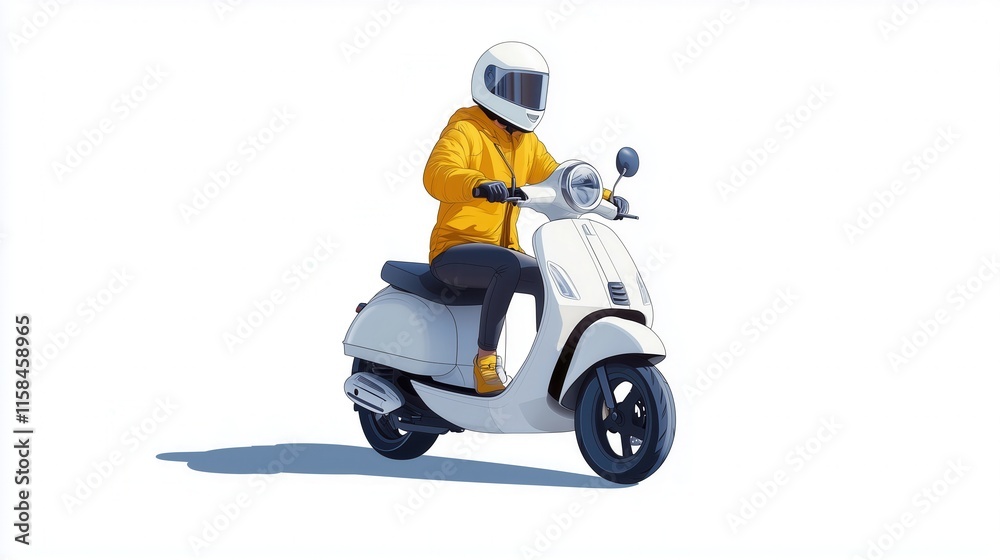 Isometric icon of a person riding a white and yellow scooter Isometric icon of a person riding a white and yellow scooter