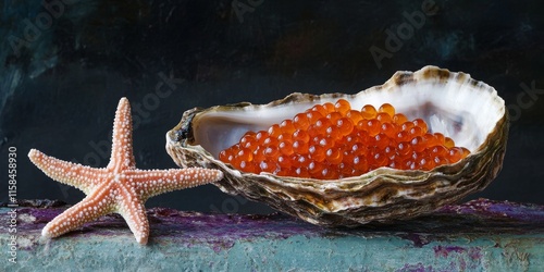 Red chum salmon caviar presented in an oyster shell, accompanied by a starfish. This composition highlights the vibrant colors and textures of red chum salmon caviar against a dark background. photo