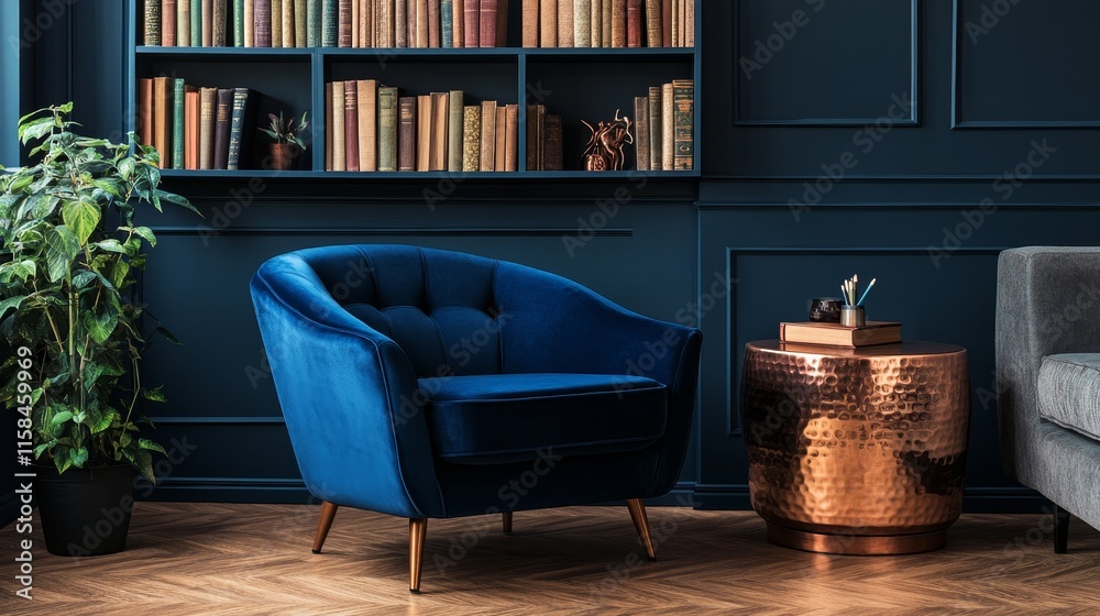 Navy blue armchair positioned near a bookshelf in a stylish living room setting, featuring a comfortable couch and an elegant copper table, creates a cozy and inviting atmosphere. Navy blue armchair positioned near a bookshelf in a stylish living room setting, featuring a comfortable couch and an elegant copper table, creates a cozy and inviting atmosphere.
