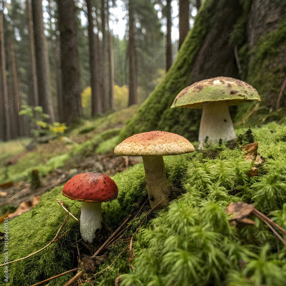 three mushrooms are on a mossy three mushrooms are on a mossy