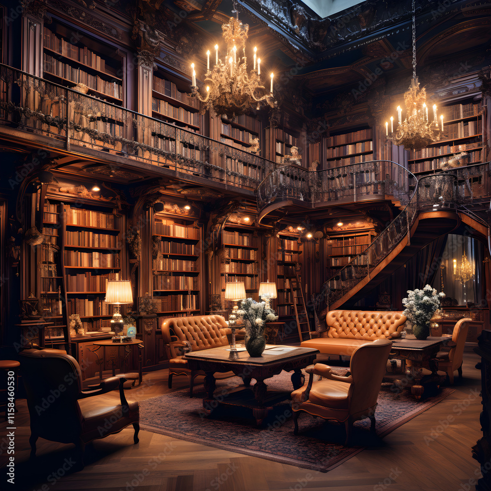 Aesthetic and Serene Ambiance of an Erudite Library with Vast Book Collection Aesthetic and Serene Ambiance of an Erudite Library with Vast Book Collection