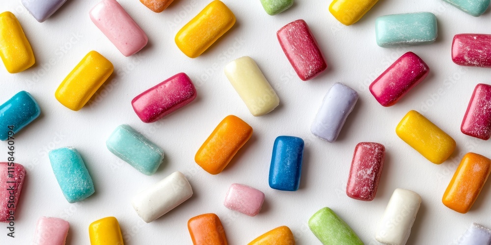 Colorful chewing gums displayed against a white background, creating an appealing visual of chewing gums in various shapes and sizes, perfect for highlighting the fun of chewing gums. Colorful chewing gums displayed against a white background, creating an appealing visual of chewing gums in various shapes and sizes, perfect for highlighting the fun of chewing gums.
