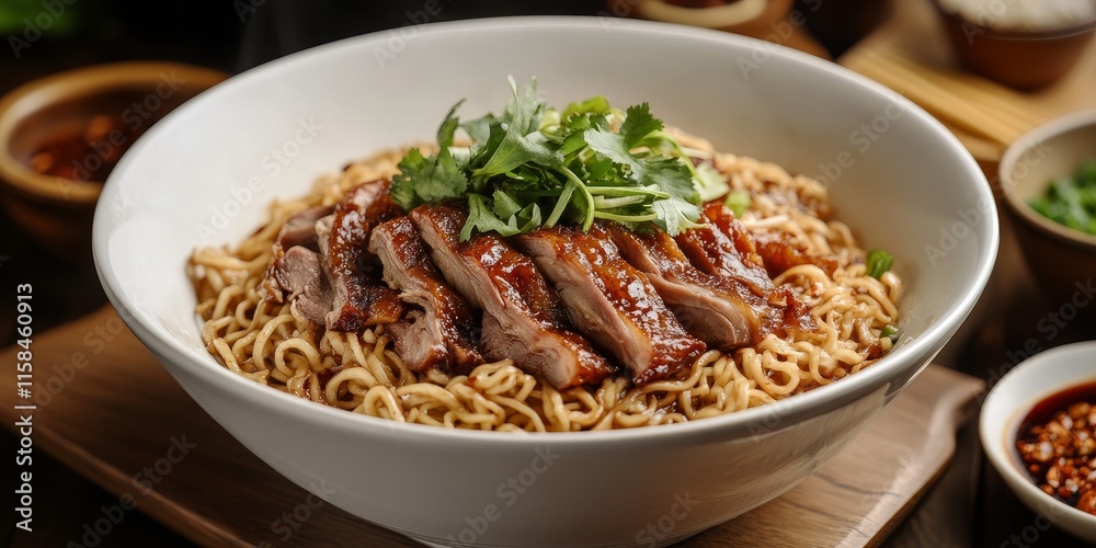 Dried noodles served with tender braised duck in a white bowl exemplify Asian food style, highlighting the rich flavors and textures that define this delightful dish featuring dried noodles. Dried noodles served with tender braised duck in a white bowl exemplify Asian food style, highlighting the rich flavors and textures that define this delightful dish featuring dried noodles.