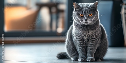 Fluffy gray cat with a disgruntled expression sits on the floor, acting as a strict guard. The displeased cat s demeanor embodies feelings of watchfulness amidst family gaslighting and manipulation. photo