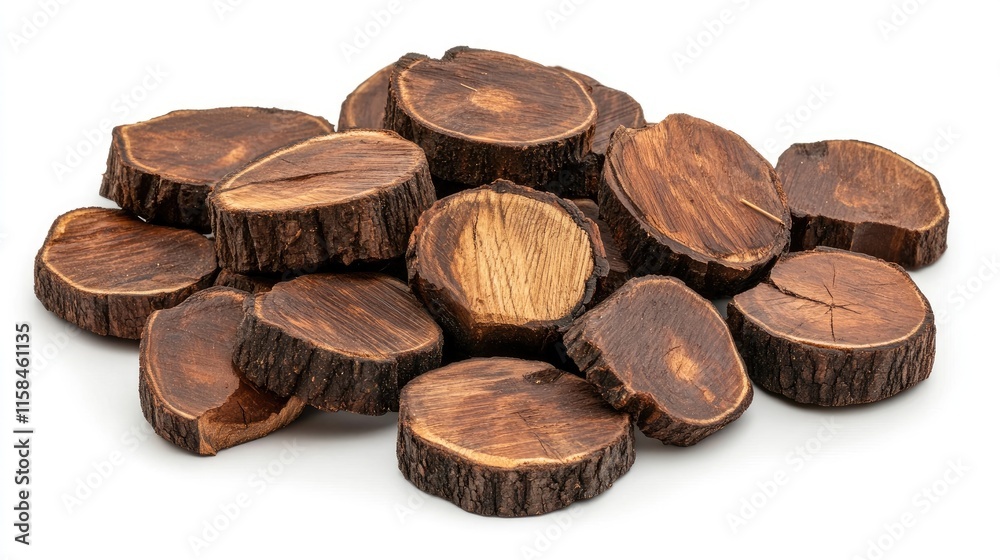 A pile of round firewood logs, featuring rough bark and visible wood grain details, neatly arranged on a white background for a clean, natural aesthetic A pile of round firewood logs, featuring rough bark and visible wood grain details, neatly arranged on a white background for a clean, natural aesthetic
