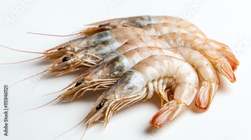 Raw shrimps displayed in isolation on a white background, showcasing the texture and appearance of raw shrimps in a clean and simple presentation for culinary and food related concepts.
