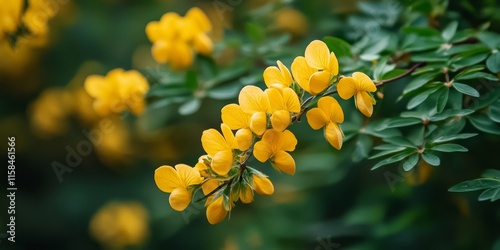 Vetch like coronilla branch displaying vibrant yellow flowers, showcasing the beauty of the Hippocrepis emerus subsp. emeroides. This Vetch like coronilla adds a touch of nature to any setting. photo