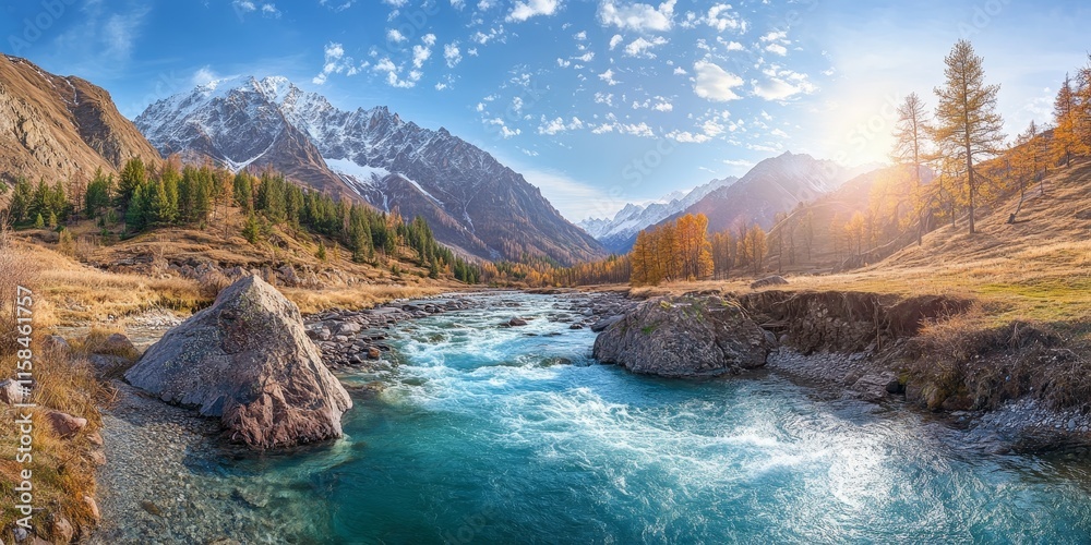 Panoramic view of a turquoise stream flowing through a beautiful river landscape in the Altai mountains, showcasing the stunning natural scenery and vibrant colors of the water.