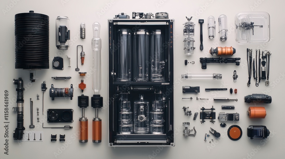 An organized layout of various mechanical components and tools, showcasing a mix of materials and intricate designs. An organized layout of various mechanical components and tools, showcasing a mix of materials and intricate designs.