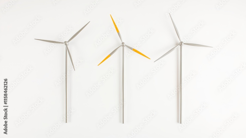 Three miniature wind turbines with a sleek design, featuring grey blades and a pop of yellow, arranged on a white background. Three miniature wind turbines with a sleek design, featuring grey blades and a pop of yellow, arranged on a white background.
