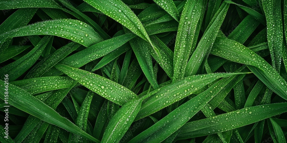 Lush green grass forms a refreshing background adorned with dew drops on a winter morning, showcasing the natural beauty of green wheat plants from a top view perspective. Lush green grass forms a refreshing background adorned with dew drops on a winter morning, showcasing the natural beauty of green wheat plants from a top view perspective.