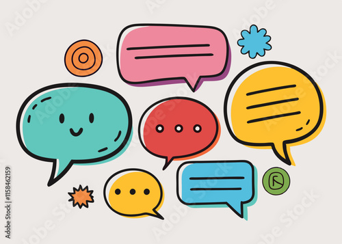 Abstract hand-drawn speech bubbles in bright colors with whimsical doodle accents.
