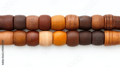 A collection of wooden beads in various shades, arranged closely together, showcasing natural textures and colors.