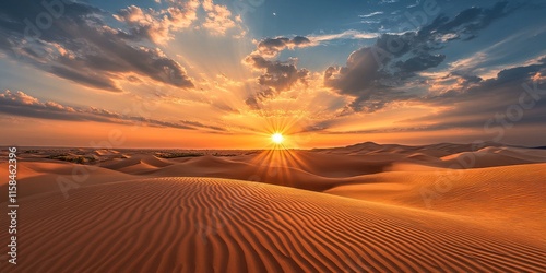 Fototapeta Naklejka Na Ścianę i Meble -  Golden hour casts a warm glow over sand dunes, enhancing the natural beauty of the landscape. Experience the mesmerizing sight of sand dunes illuminated during golden hour.