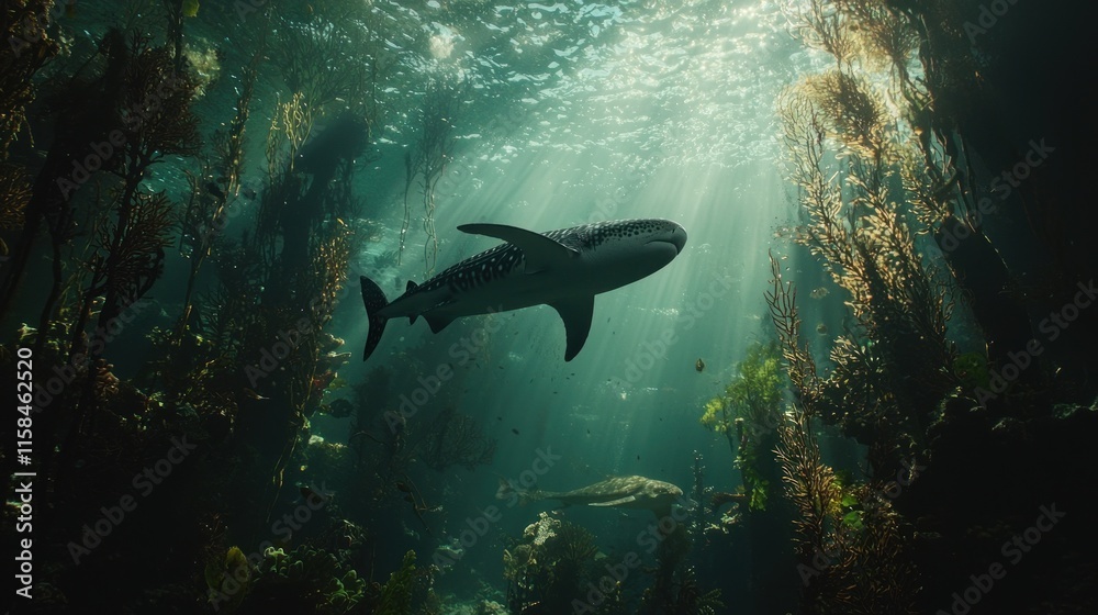 A serene underwater scene featuring a whale shark amidst vibrant marine life and kelp. A serene underwater scene featuring a whale shark amidst vibrant marine life and kelp.