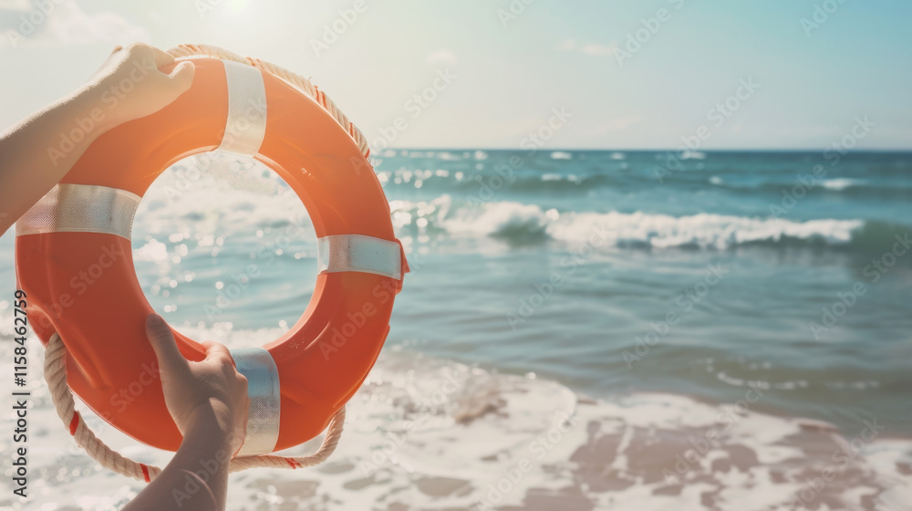 Obraz premium Lifebuoy Held Against Sunny Seaside Background
