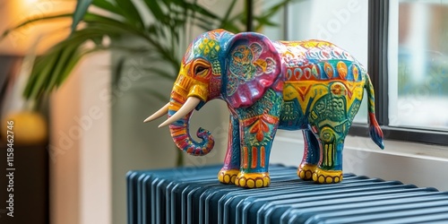 Vibrant elephant figurine displayed on a radiator, showcasing its colorful design and artistic details, adds a unique touch to any space with its charming presence and decorative appeal. photo