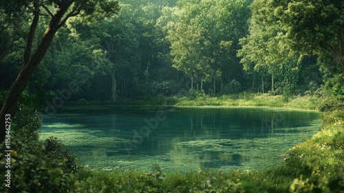 A quiet, untouched lake surrounded by vibrant green forest, offering a perfect retreat into nature's calmness
