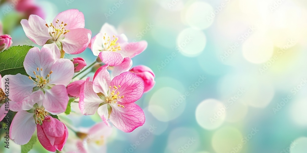 Apple blossoms are beautifully in full bloom, showcasing vibrant colors and delicate petals. This wide format image of apple blossoms provides ample copy space for your text needs. Apple blossoms are beautifully in full bloom, showcasing vibrant colors and delicate petals. This wide format image of apple blossoms provides ample copy space for your text needs.