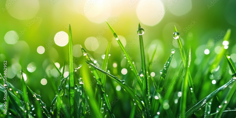 Fototapeta premium Lush green grass adorned with sparkling drops of dew creates a refreshing scene. The green grass glistens in the light, showcasing the beauty of nature s delicate dewdrops on green grass.