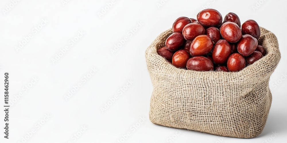 Obraz premium Isolated on a white background, a sack filled with Chinese jujube showcases the unique features of Chinese jujube, making it an appealing subject for your collection of culinary images featuring