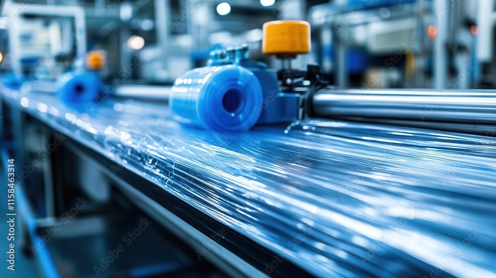 Fototapeta premium Plastic film rolls on industrial machinery. Shows automated packaging production line.
