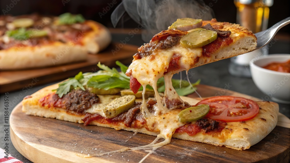 Savory slice of bacon cheeseburger pizza being lifted, showcasing melted cheese and delicious toppings Savory slice of bacon cheeseburger pizza being lifted, showcasing melted cheese and delicious toppings