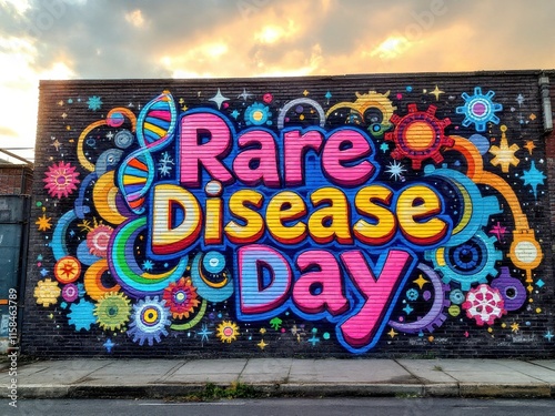 Colorful graffiti for rare disease day awareness on urban street wall
