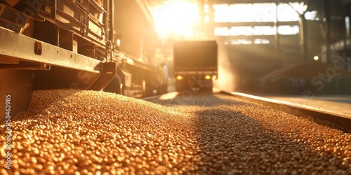 Grain processing plant featuring close up views of grain loading into a truck body, illuminated by sunlight, showcasing the vital role of the plant in efficient grain storage and handling. photo