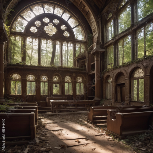 Synagogen - Einsame Synagoge im Wald, umgeben von Pflanzen